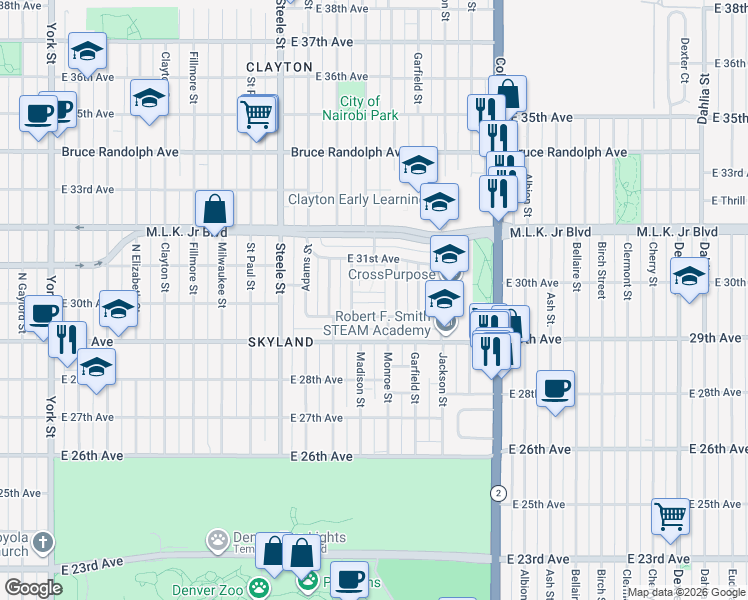 map of restaurants, bars, coffee shops, grocery stores, and more near 3500 East 30th Avenue in Denver