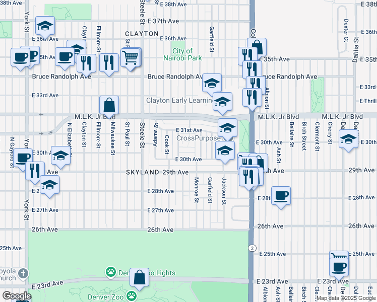 map of restaurants, bars, coffee shops, grocery stores, and more near 3500 East 30th Avenue in Denver