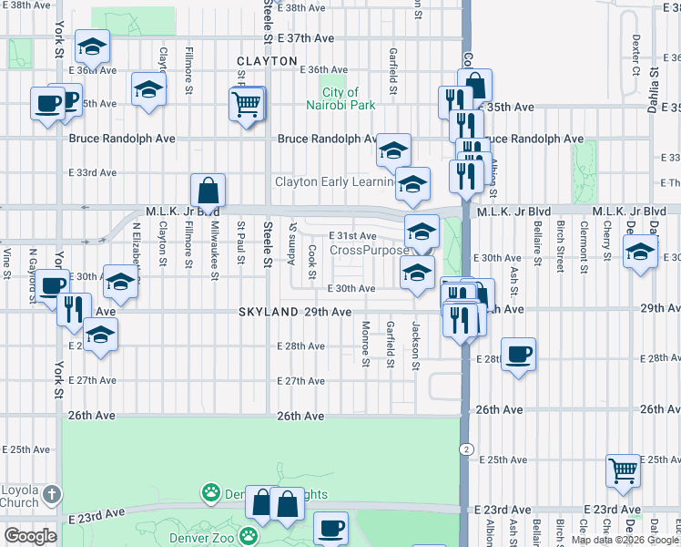 map of restaurants, bars, coffee shops, grocery stores, and more near 3500 East 30th Avenue in Denver