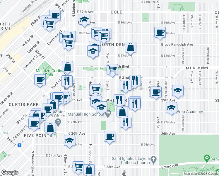 map of restaurants, bars, coffee shops, grocery stores, and more near 2940 Gilpin Street in Denver