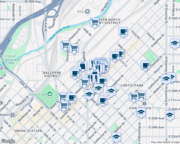 map of restaurants, bars, coffee shops, grocery stores, and more near 2555 Walnut Street in Denver
