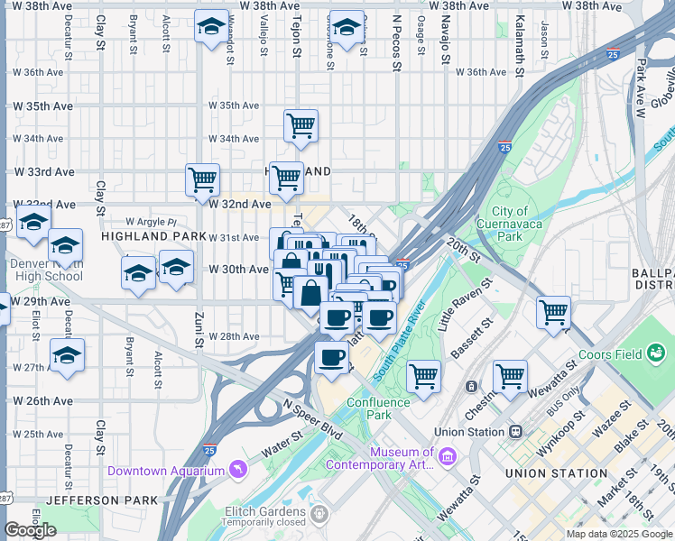 map of restaurants, bars, coffee shops, grocery stores, and more near 2510 Kensing Court in Denver