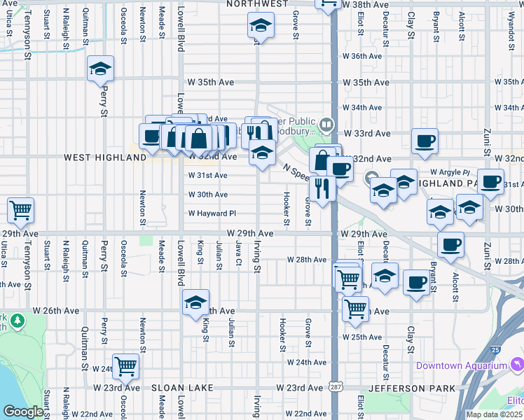 map of restaurants, bars, coffee shops, grocery stores, and more near 2919 Irving Street in Denver