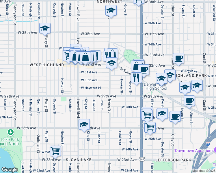 map of restaurants, bars, coffee shops, grocery stores, and more near 2919 Irving Street in Denver