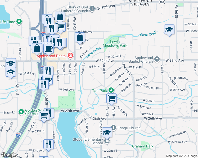 map of restaurants, bars, coffee shops, grocery stores, and more near 3042 Mountain Shadows Drive in Wheat Ridge