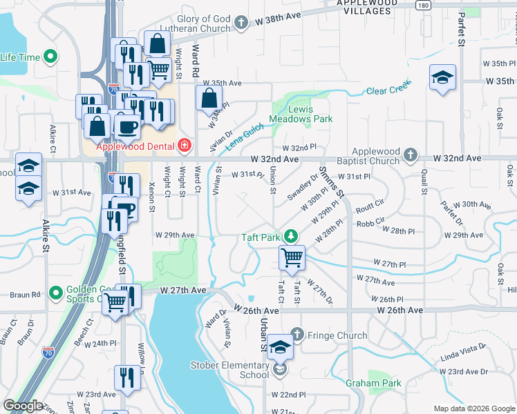 map of restaurants, bars, coffee shops, grocery stores, and more near 3042 Mountain Shadows Drive in Wheat Ridge