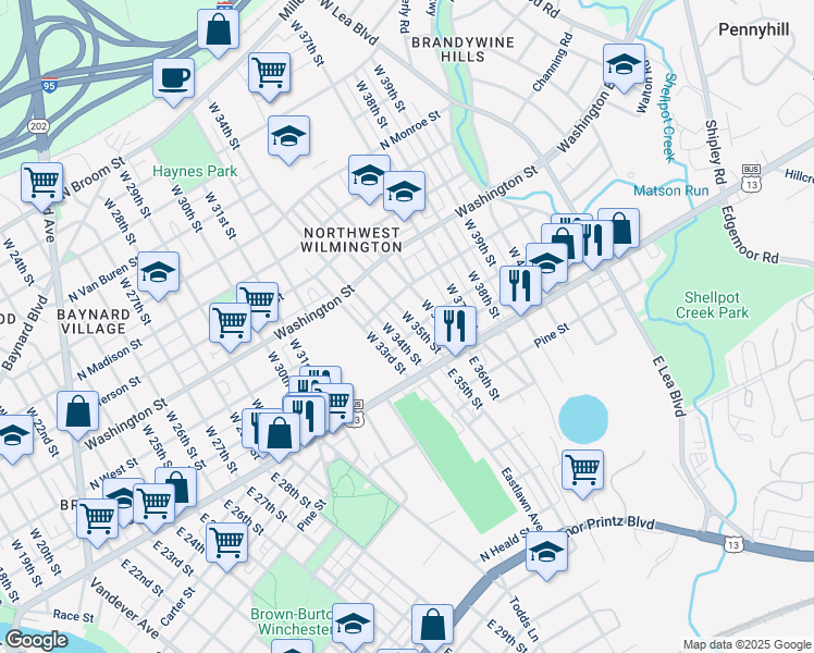 map of restaurants, bars, coffee shops, grocery stores, and more near 30 West 35th Street in Wilmington