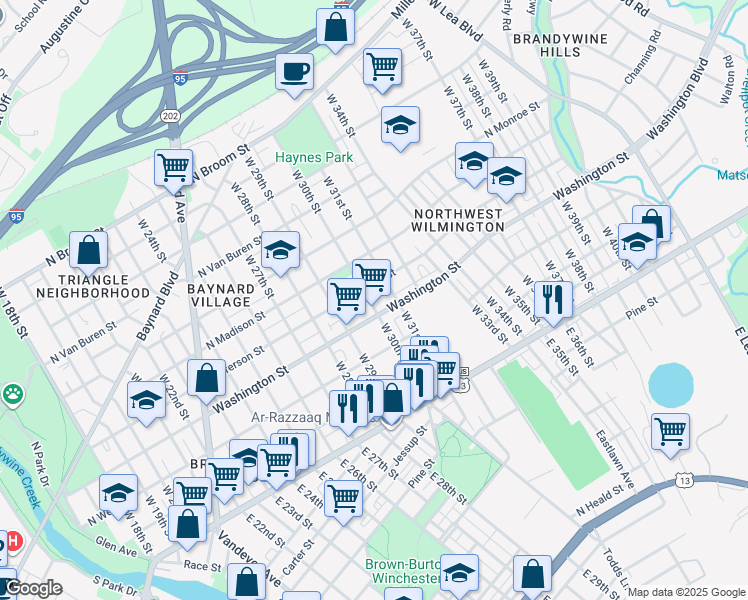 map of restaurants, bars, coffee shops, grocery stores, and more near in Wilmington