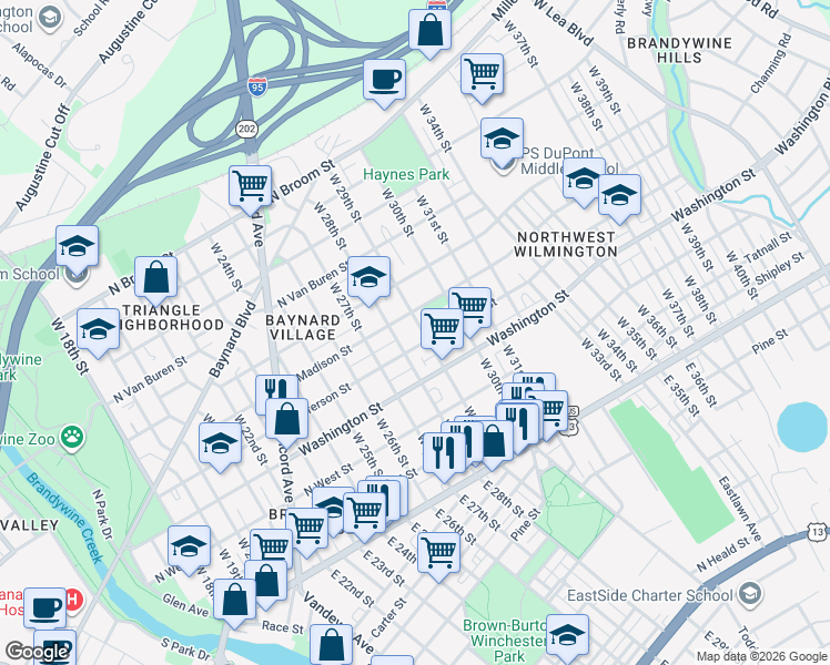 map of restaurants, bars, coffee shops, grocery stores, and more near 400 West 28th Street in Wilmington