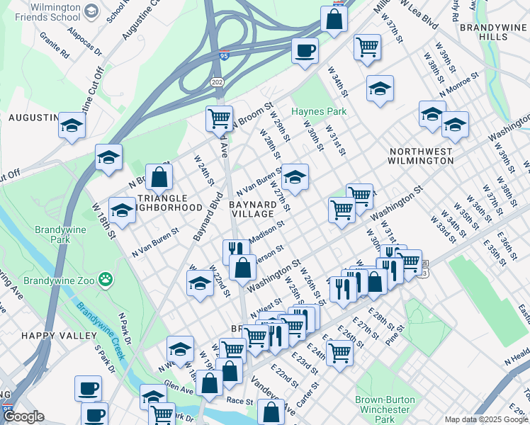 map of restaurants, bars, coffee shops, grocery stores, and more near 516 West 26th Street in Wilmington