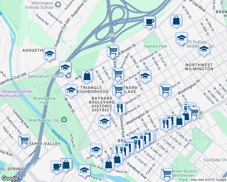 map of restaurants, bars, coffee shops, grocery stores, and more near 609 West 23rd Street in Wilmington