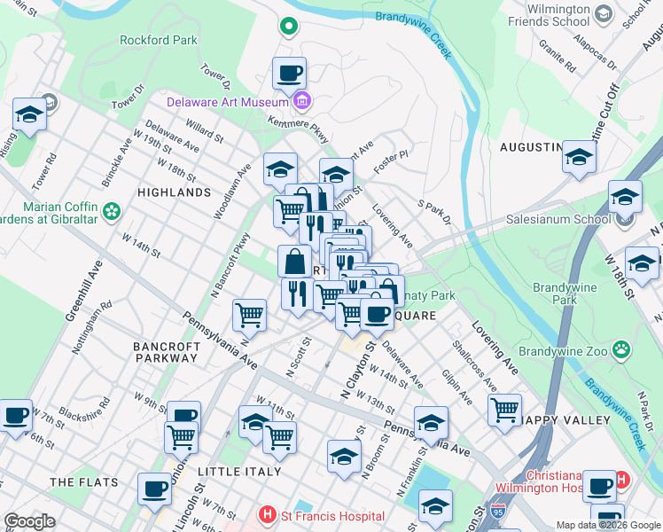 map of restaurants, bars, coffee shops, grocery stores, and more near in Wilmington