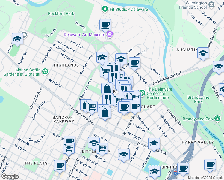 map of restaurants, bars, coffee shops, grocery stores, and more near 1903 West 16th Street in Wilmington
