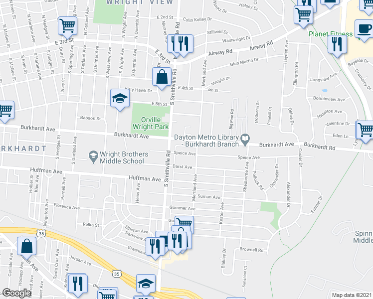 map of restaurants, bars, coffee shops, grocery stores, and more near 1654 Speice Avenue in Dayton