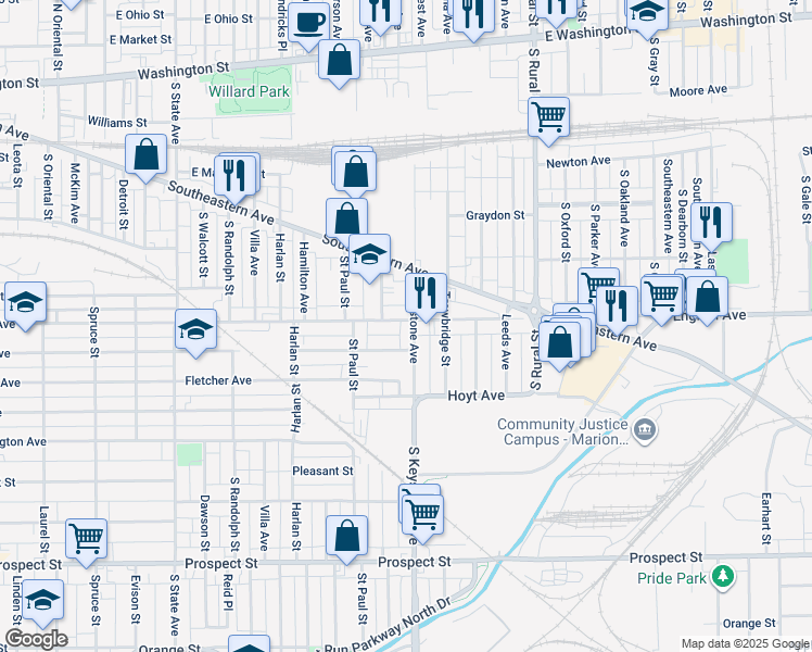 map of restaurants, bars, coffee shops, grocery stores, and more near 525 South Keystone Avenue in Indianapolis