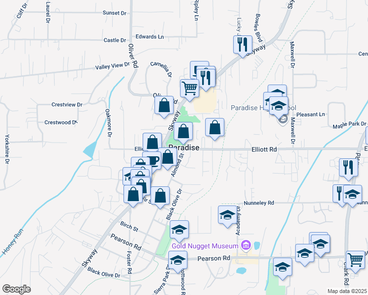 map of restaurants, bars, coffee shops, grocery stores, and more near 1900 Moll Road in Paradise