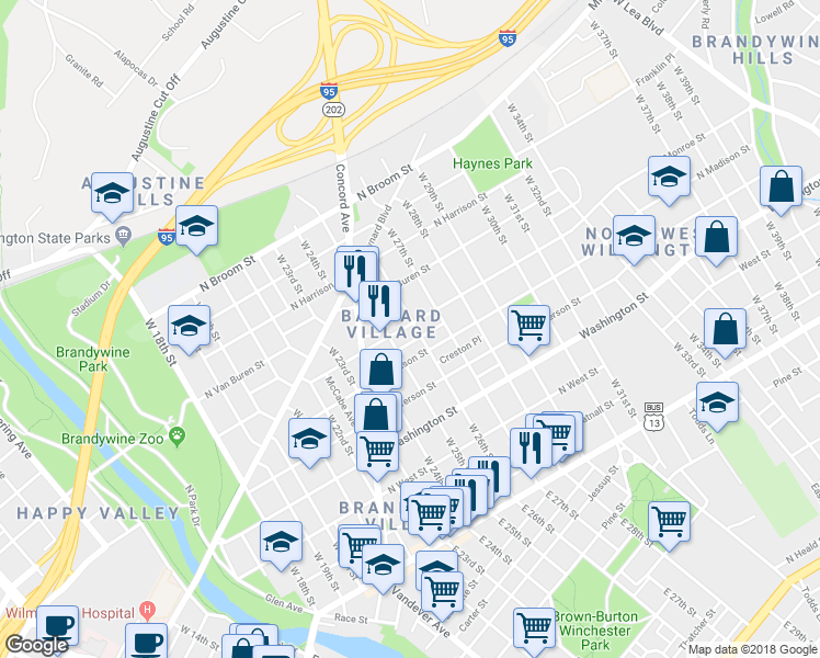 map of restaurants, bars, coffee shops, grocery stores, and more near 516 West 26th Street in Wilmington
