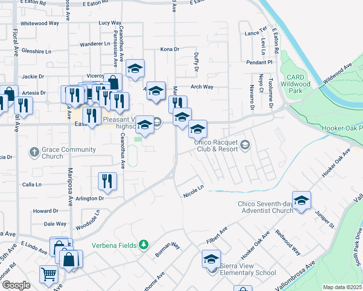 map of restaurants, bars, coffee shops, grocery stores, and more near 2404 Marigold Avenue in Chico