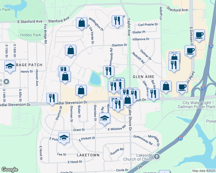 map of restaurants, bars, coffee shops, grocery stores, and more near Normandy Road in Springfield