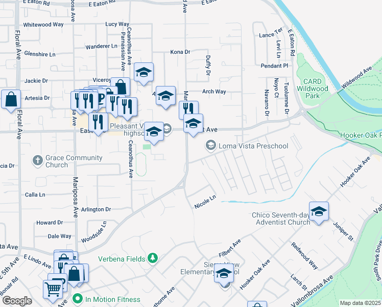 map of restaurants, bars, coffee shops, grocery stores, and more near 2404 Marigold Avenue in Chico