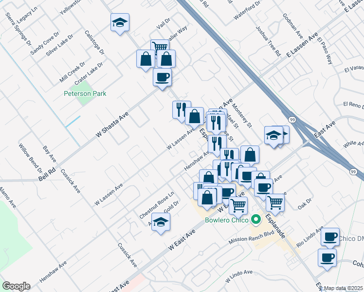 map of restaurants, bars, coffee shops, grocery stores, and more near 141 West Lassen Avenue in Chico