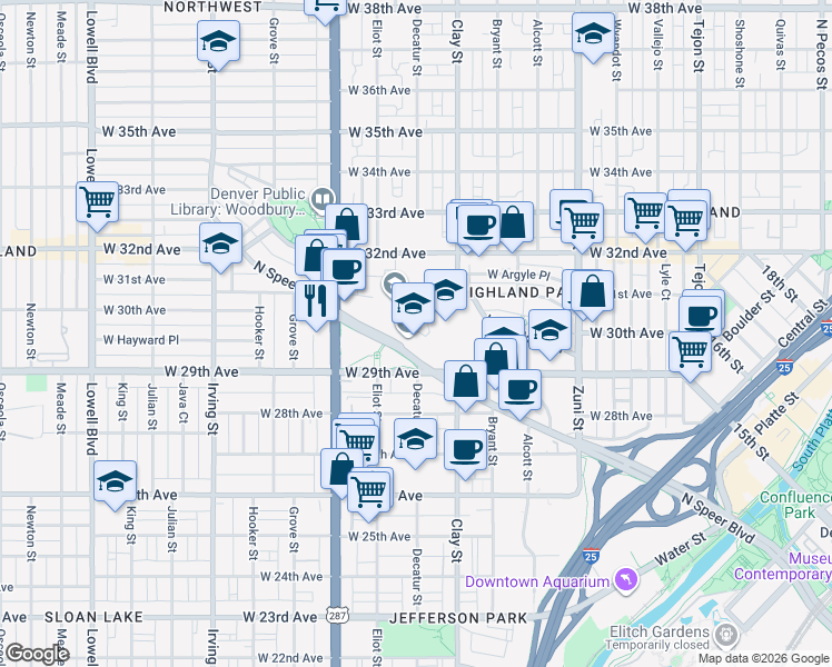 map of restaurants, bars, coffee shops, grocery stores, and more near 2960 Speer Boulevard in Denver