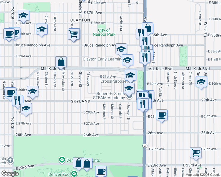 map of restaurants, bars, coffee shops, grocery stores, and more near 3500 East 30th Avenue in Denver