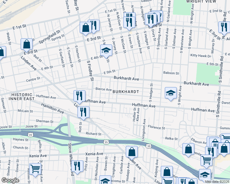 map of restaurants, bars, coffee shops, grocery stores, and more near 320 Bierce Avenue in Dayton
