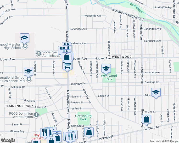 map of restaurants, bars, coffee shops, grocery stores, and more near 633 Osmond Avenue in Dayton