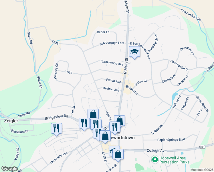 map of restaurants, bars, coffee shops, grocery stores, and more near 17 Ovelton Avenue in Stewartstown