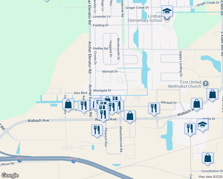 map of restaurants, bars, coffee shops, grocery stores, and more near 4130 Westgate Drive in Springfield