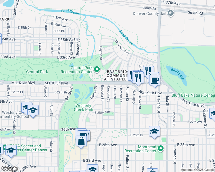 map of restaurants, bars, coffee shops, grocery stores, and more near 2999 Emporia Court in Denver