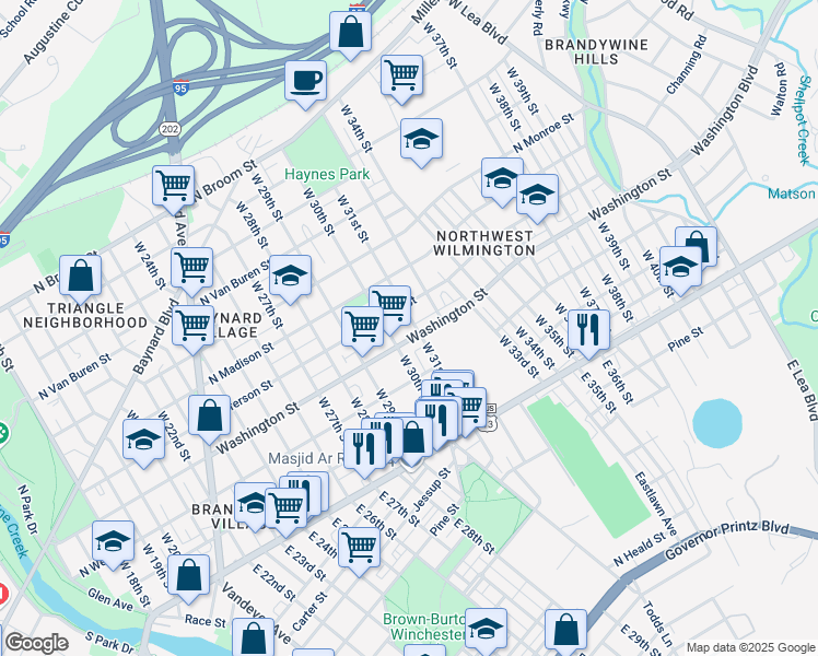 map of restaurants, bars, coffee shops, grocery stores, and more near 300 West 31st Street in Wilmington