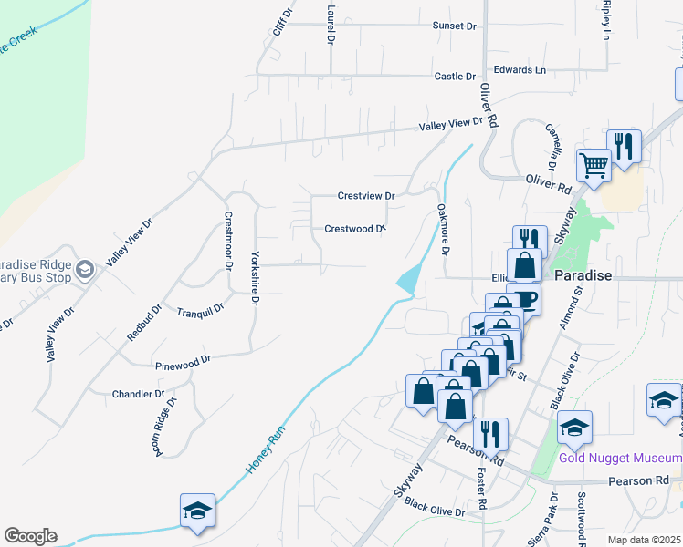 map of restaurants, bars, coffee shops, grocery stores, and more near 492 Nottingham Drive in Paradise