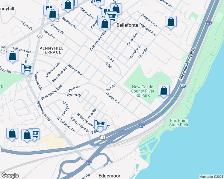 map of restaurants, bars, coffee shops, grocery stores, and more near 302 River Road in Wilmington