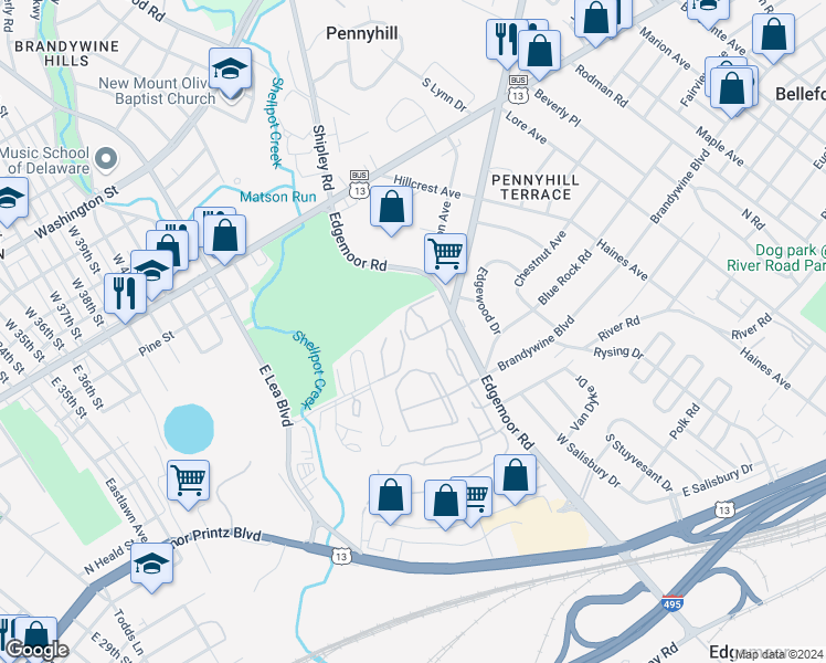 map of restaurants, bars, coffee shops, grocery stores, and more near 8204 Westview Road in Wilmington