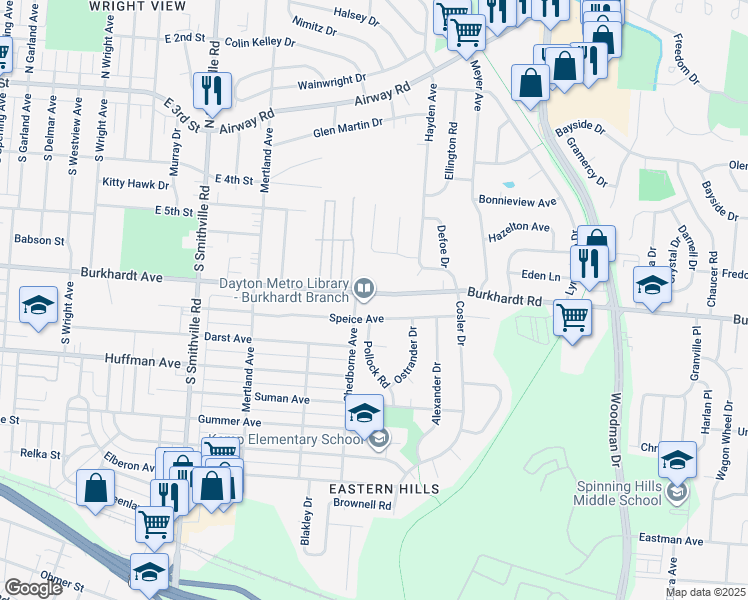 map of restaurants, bars, coffee shops, grocery stores, and more near 4716 Burkhardt Avenue in Dayton