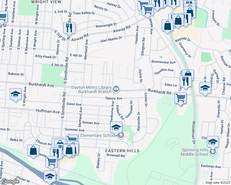 map of restaurants, bars, coffee shops, grocery stores, and more near 4704 Burkhardt Avenue in Dayton
