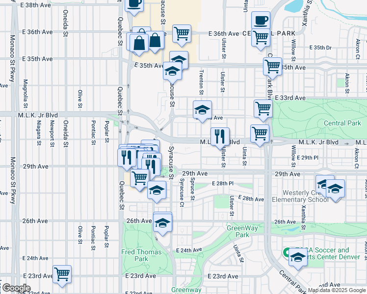 map of restaurants, bars, coffee shops, grocery stores, and more near 2980 Syracuse Street in Denver