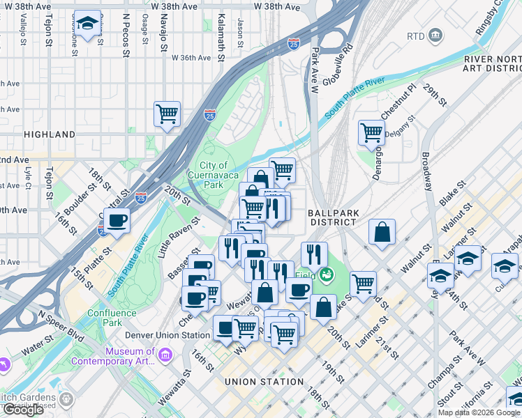 map of restaurants, bars, coffee shops, grocery stores, and more near in Denver
