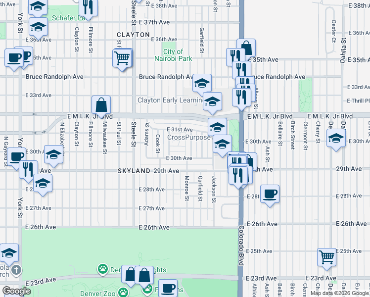 map of restaurants, bars, coffee shops, grocery stores, and more near 3500 East 30th Avenue in Denver