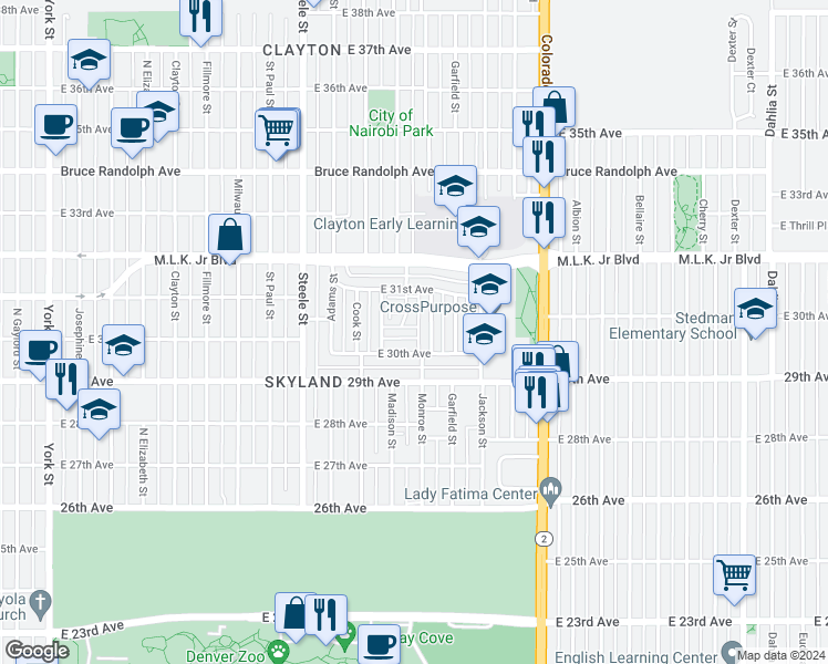 map of restaurants, bars, coffee shops, grocery stores, and more near 3500 East 30th Avenue in Denver