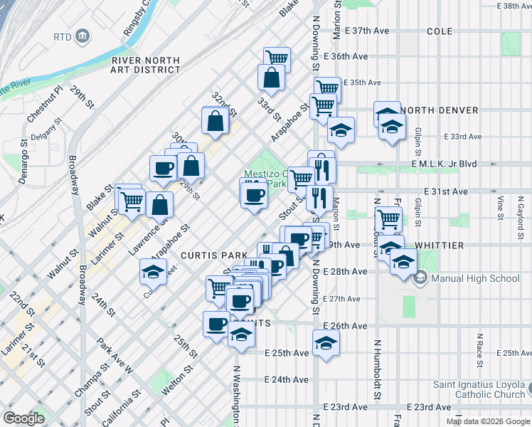 map of restaurants, bars, coffee shops, grocery stores, and more near 3015 Stout Street in Denver