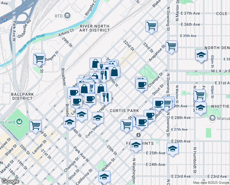 map of restaurants, bars, coffee shops, grocery stores, and more near 2810 Arapahoe Street in Denver