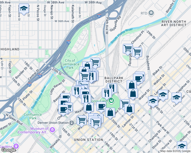 map of restaurants, bars, coffee shops, grocery stores, and more near 2925 Huron Street in Denver