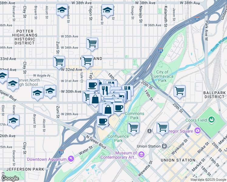 map of restaurants, bars, coffee shops, grocery stores, and more near 2420 17th Street in Denver
