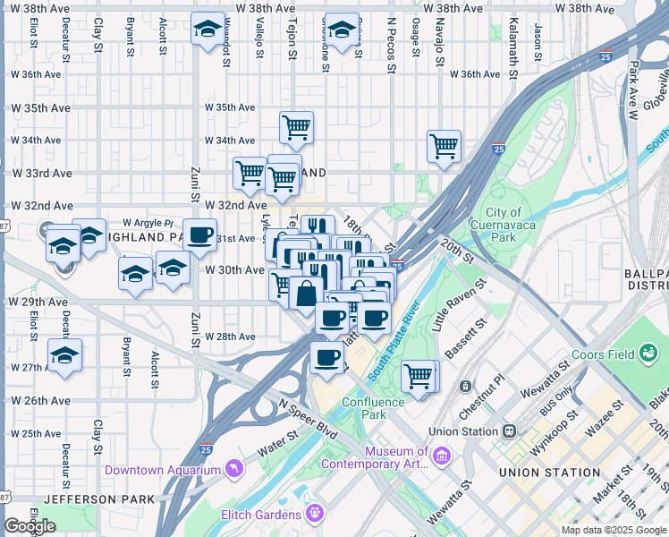 map of restaurants, bars, coffee shops, grocery stores, and more near 2510 Kensing Court in Denver