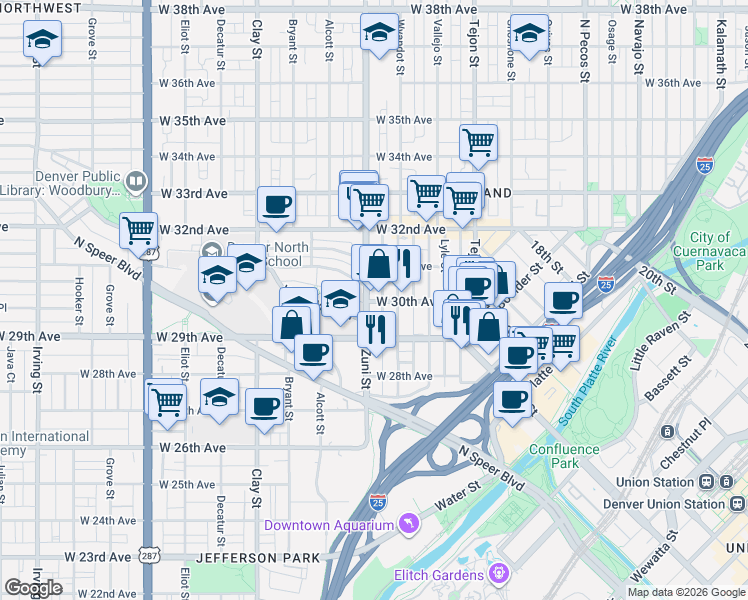 map of restaurants, bars, coffee shops, grocery stores, and more near 2933 Wyandot Street in Denver
