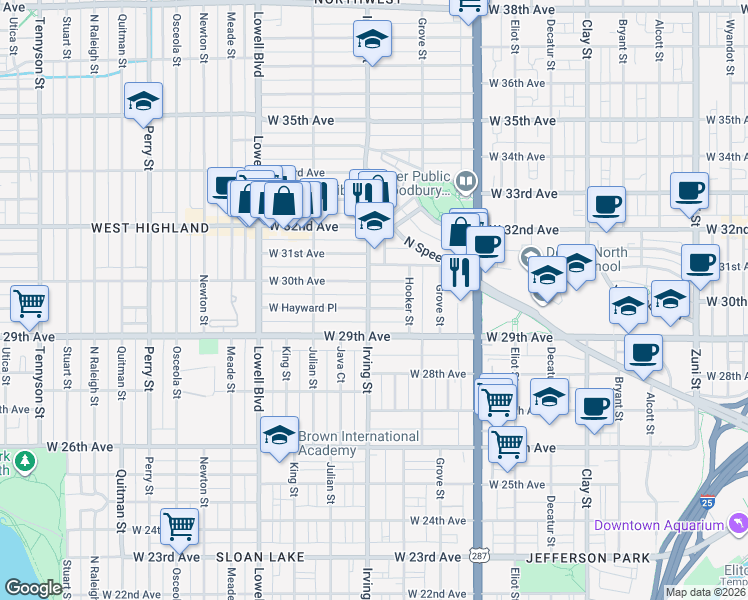 map of restaurants, bars, coffee shops, grocery stores, and more near 2919 Irving Street in Denver