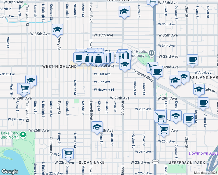 map of restaurants, bars, coffee shops, grocery stores, and more near 3362 West Hayward Place in Denver